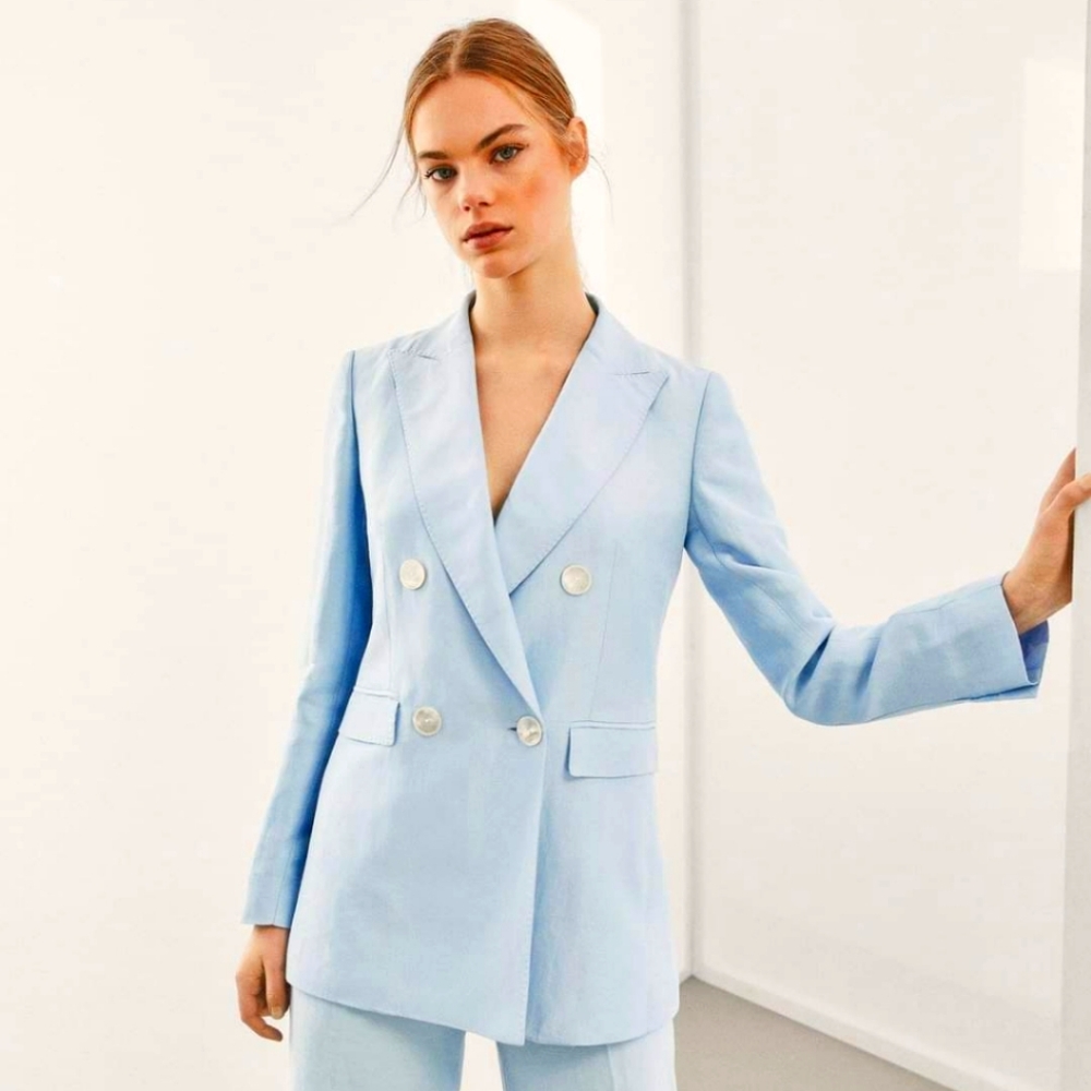 Massimo Dutti Light Blue Double Breasted  Linen Blazer Sz 2/2018 Limited Edition